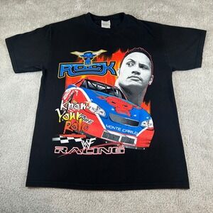 Vintage 90s WWF The Rock Racing T-Shirt Mens Medium Black Know Your Role Tee USA